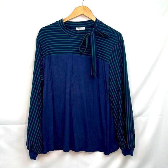 In Voland Navy Blue and Green striped long sleeve top with tie neck NWT size 20W - Picture 2 of 12